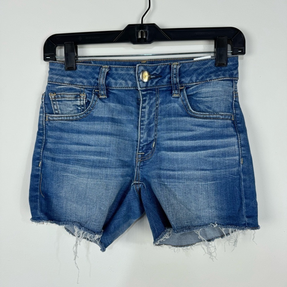 American Eagle Hi Rise Shortie Denim Jean Shorts Raw Hem Fray